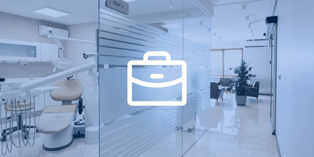 Dentists' office with a superimposed briefcase icon to signify private equity investments in healthcare.