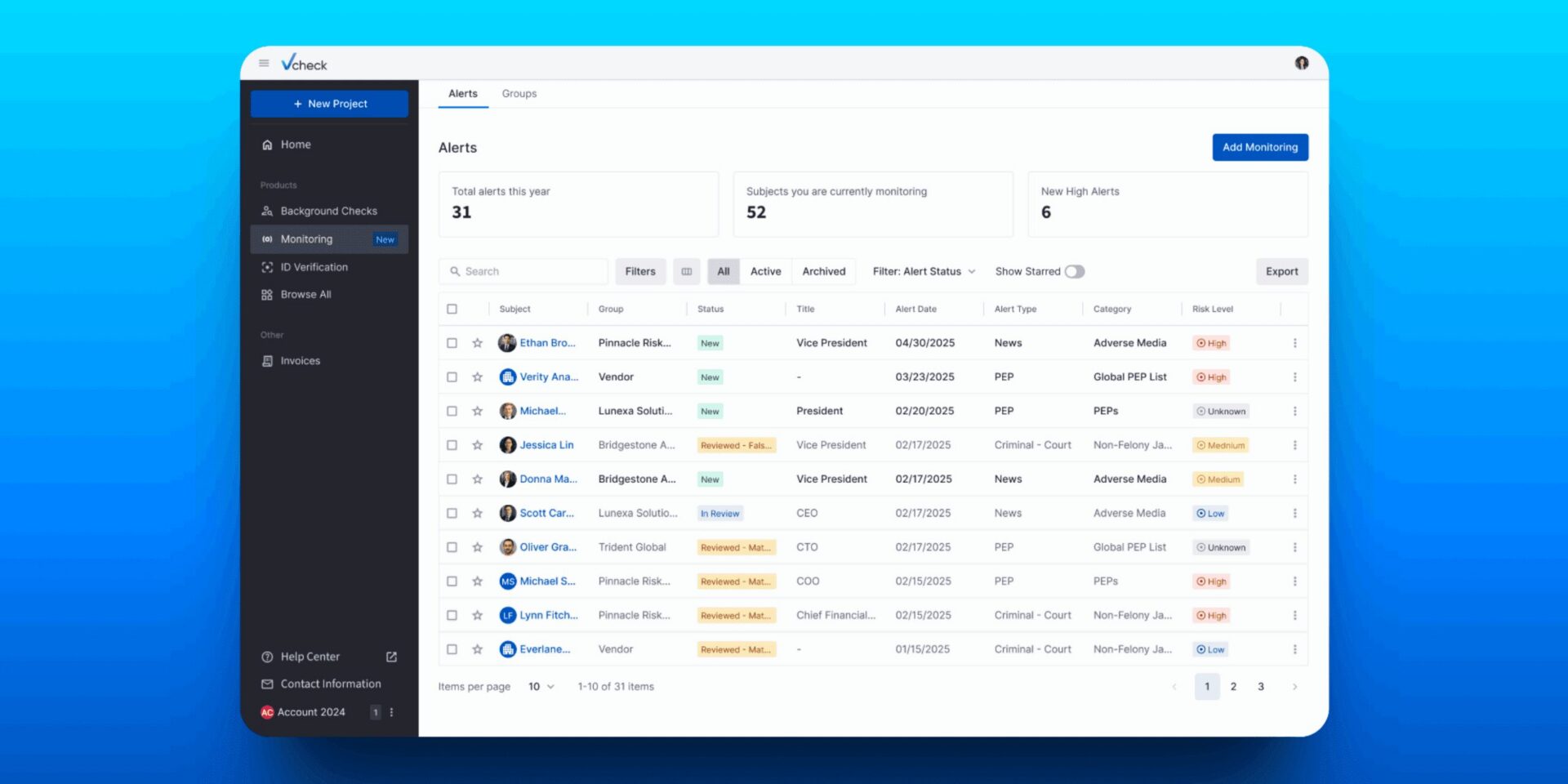Vcheck Monitoring dashboard to highlight our new PACER integration, now providing clients with legal alerts on subjects and entities.
