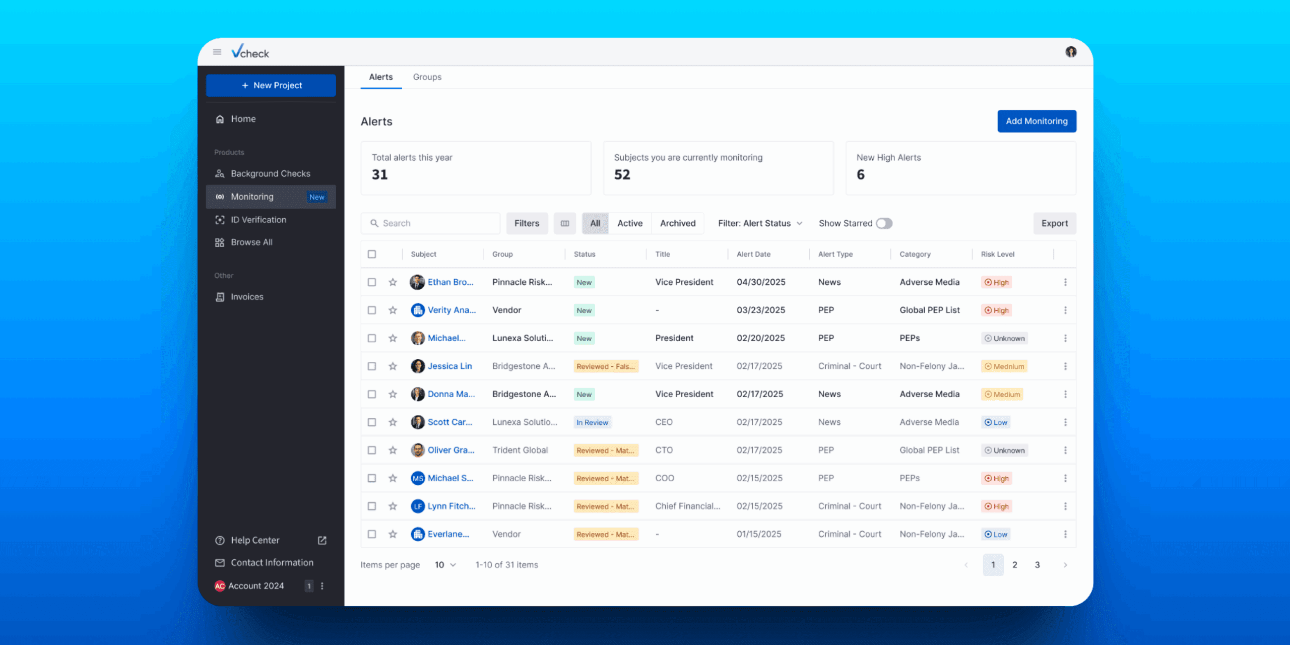 Vcheck Monitoring dashboard to highlight our new PACER integration, now providing clients with legal alerts on subjects and entities.