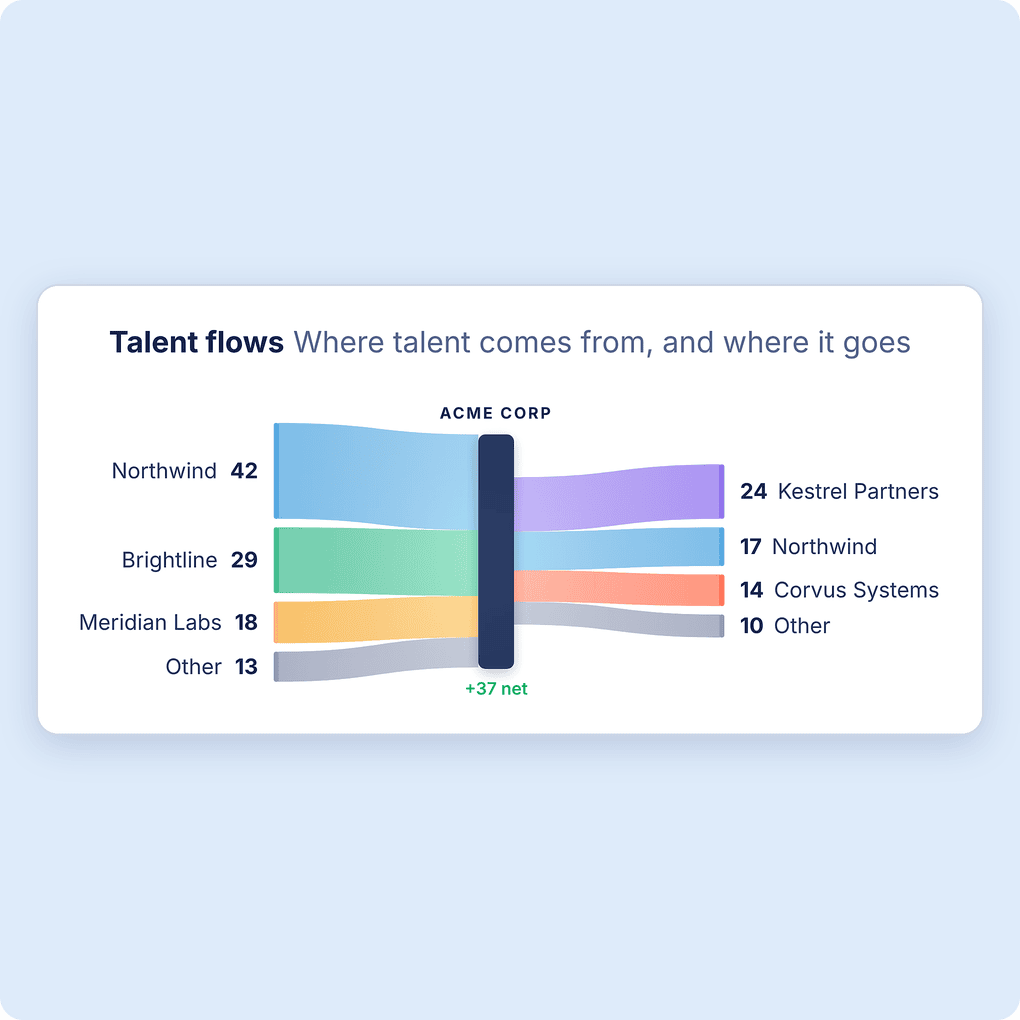 Sankey diagram showing talent flows: hires in, departures and net gain for Acme Corp over the last 12 months