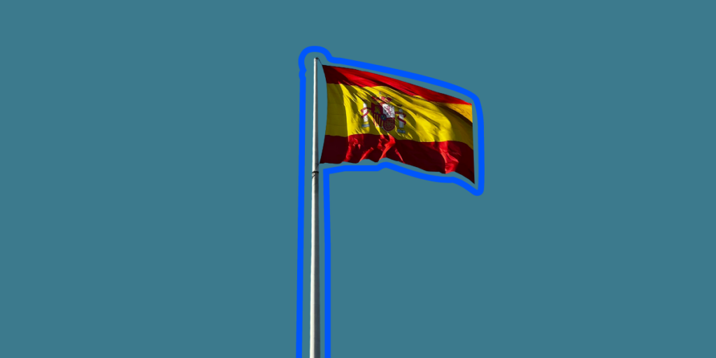 Spain's flag with a blue outline, highlighting the issue of corruption associated with Spanish degrees.