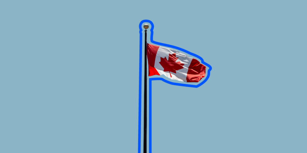 Canadian flag with a blue outline, representing the focus on addressing money laundering issues within the Canadian real estate market.