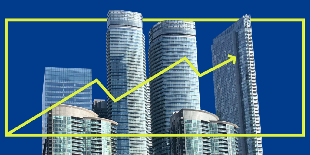 Skyscraper skyline with a trend line graphic overlay, symbolizing growth and strategic planning in the hiring of an Additional Director for the D.C. office.