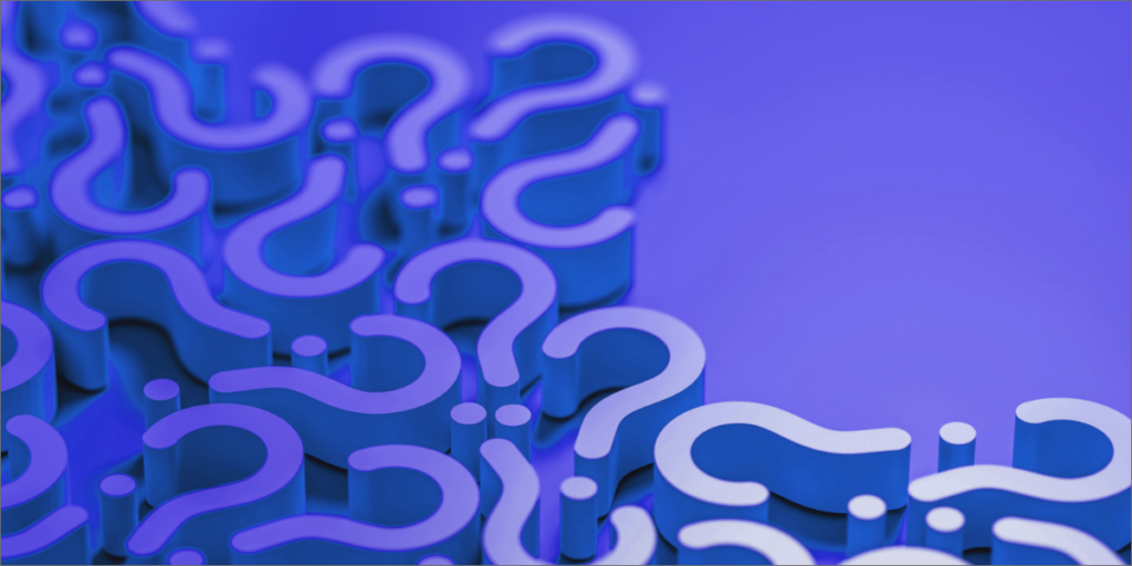 Blue cluster of question marks, highlighting an employee spotlight interview.