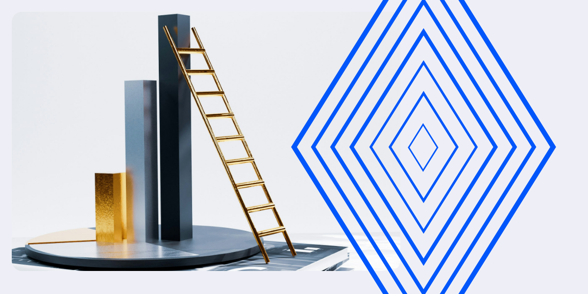 Ladder reaching the top of a 3D bar graph, symbolizing the thorough steps needed in M&A due diligence to achieve successful outcomes.