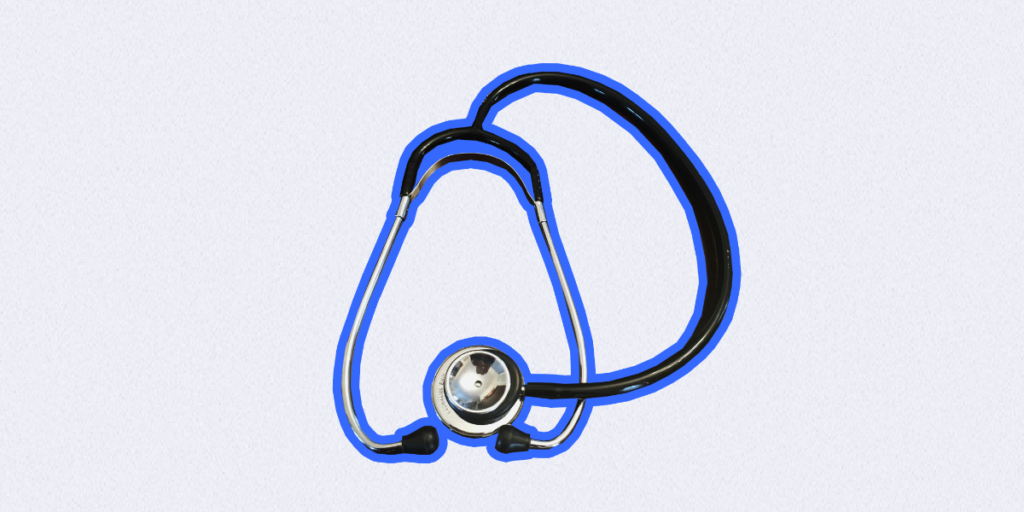 Doctor's stethoscope outlined in blue, symbolizing the importance of maintaining a strong industry reputation in medical practice for trust and credibility.