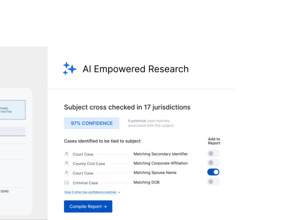 Vcheck's GEN AI-driven research signified on the subject match screen