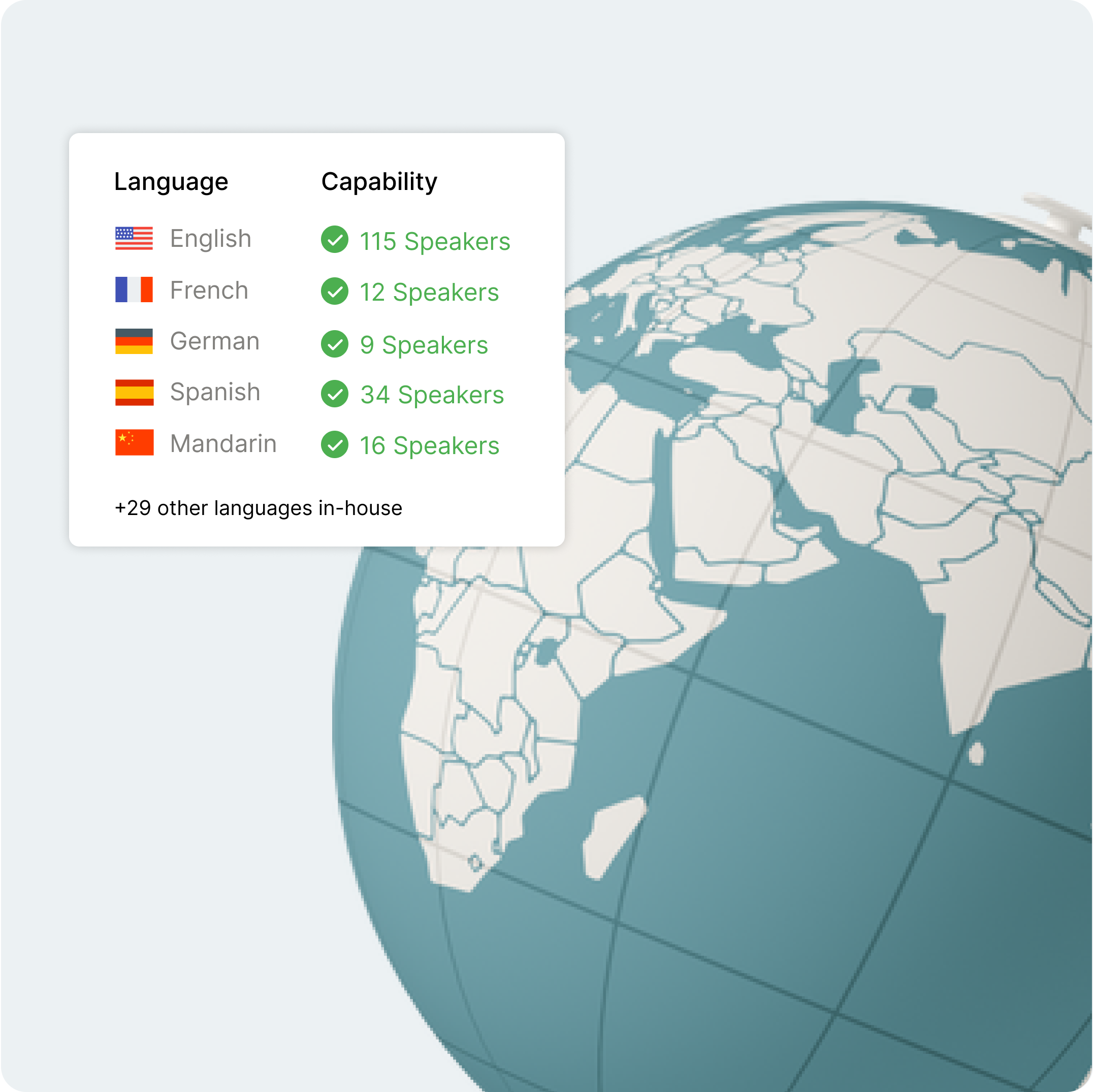 International graphic illustrates the languages that Vcheck's investigators speak. 