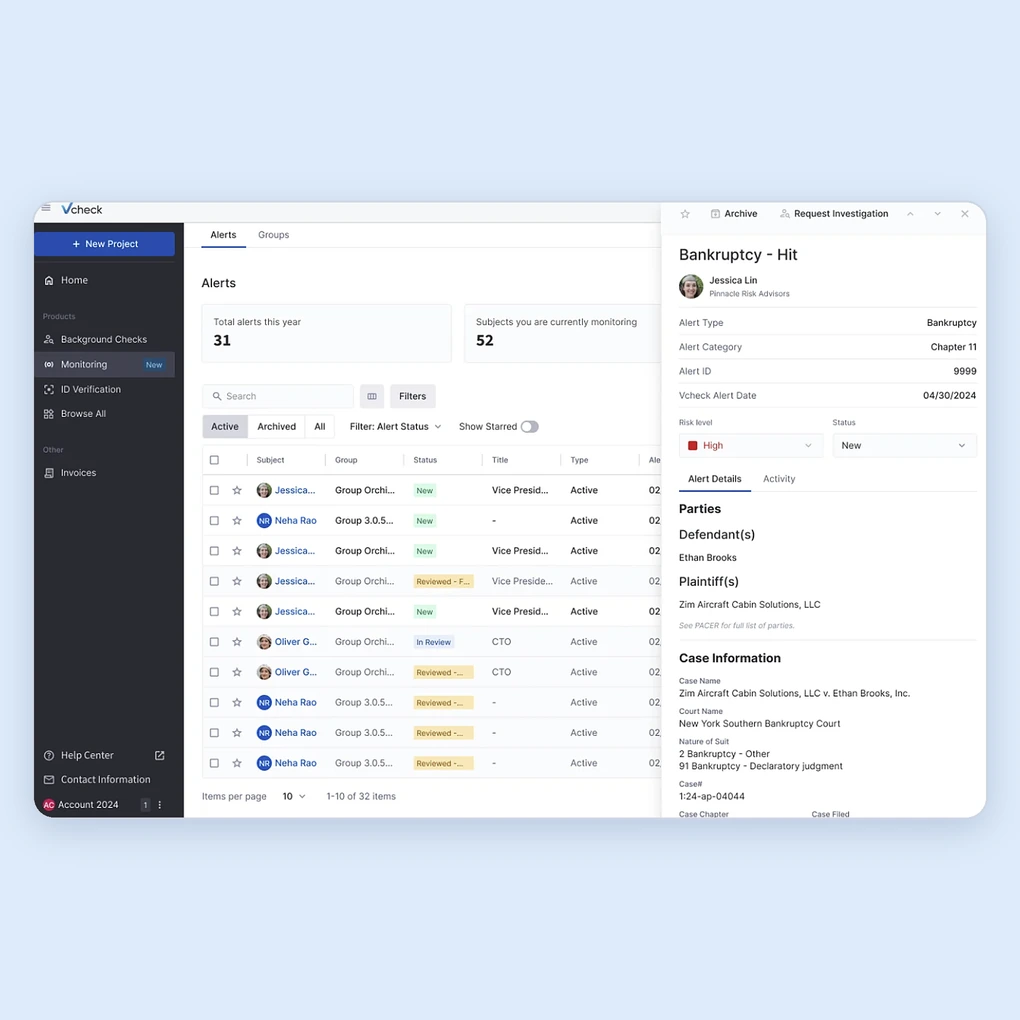 Continuous monitoring alerts list with a bankruptcy alert detail panel