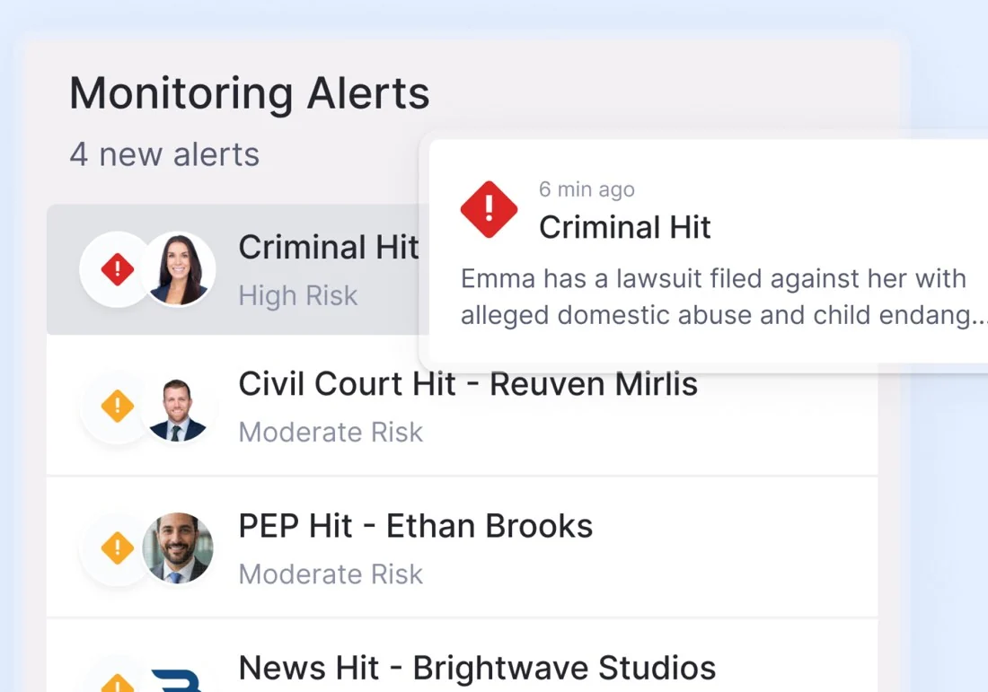 Monitoring alerts list with new criminal, civil court, PEP and news hits