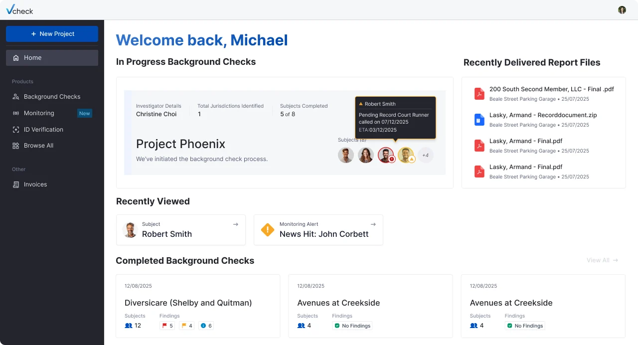 Portal home showing an in-progress background check with investigator details and court runner status