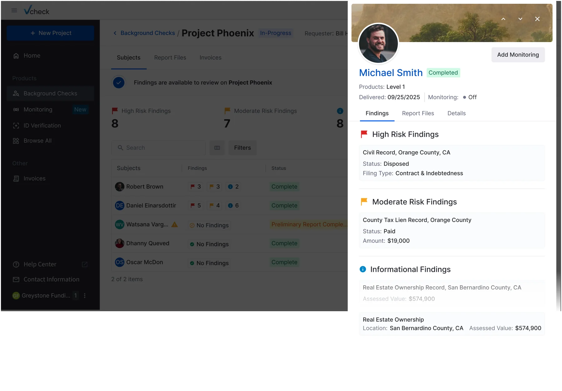Subject profile panel with verified high, moderate and informational findings