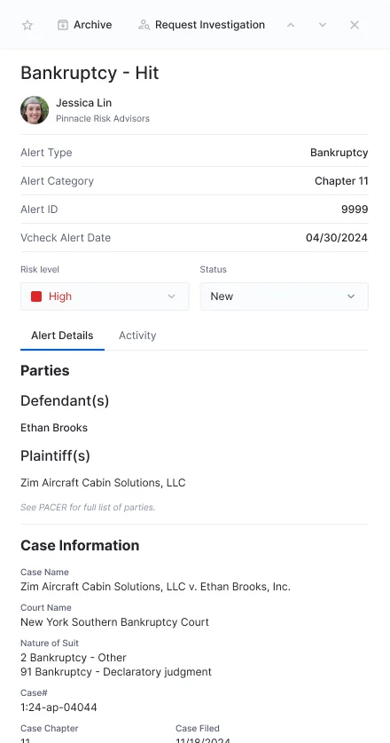 Alert detail panel for a bankruptcy hit with parties and case information