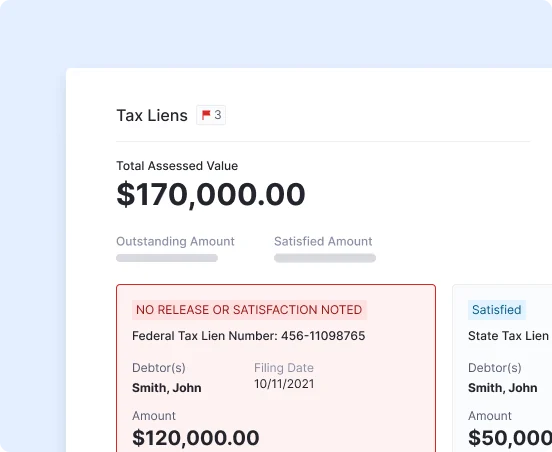 Tax liens summary with total assessed value and lien cards