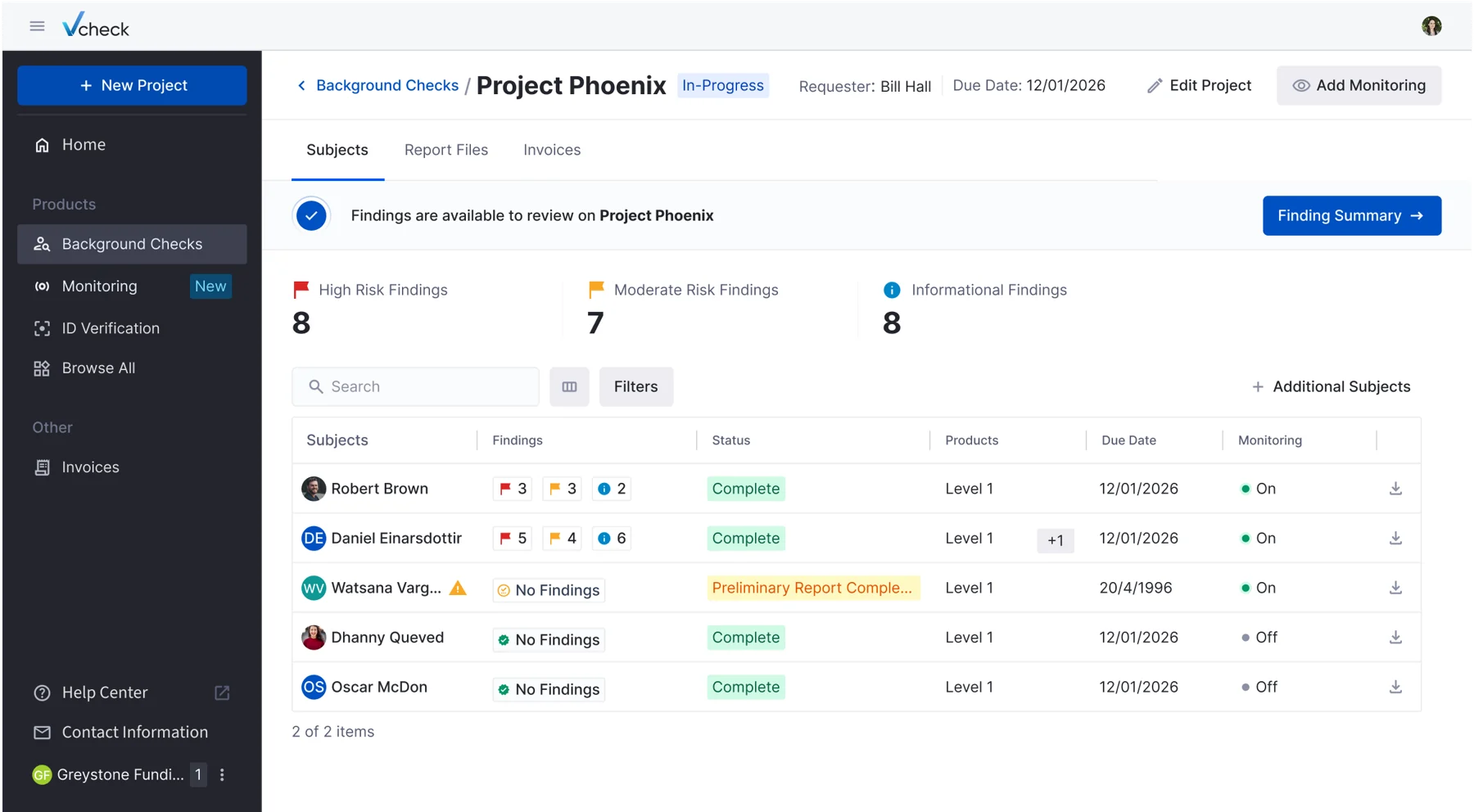Vcheck portal showing a background check project with risk findings and monitoring status