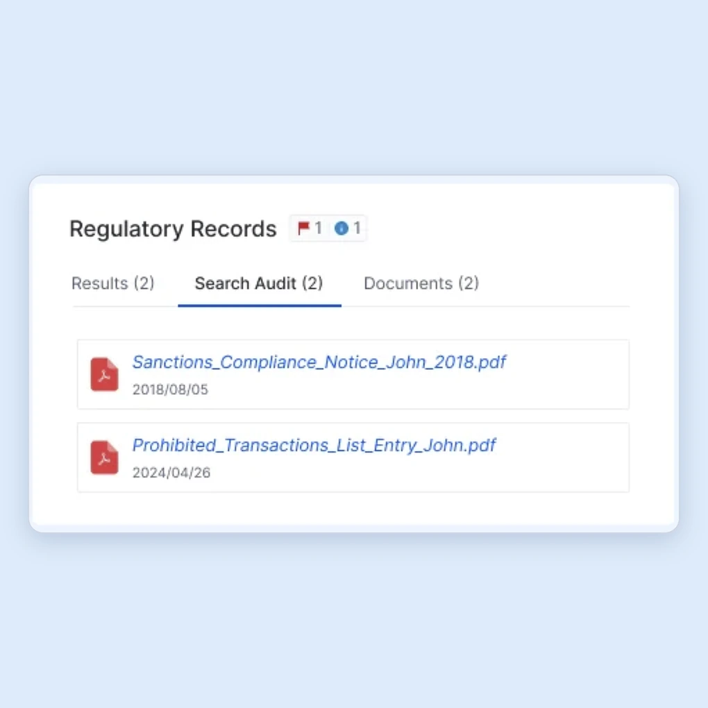 Regulatory records tab listing sanctions compliance notice and prohibited transactions documents